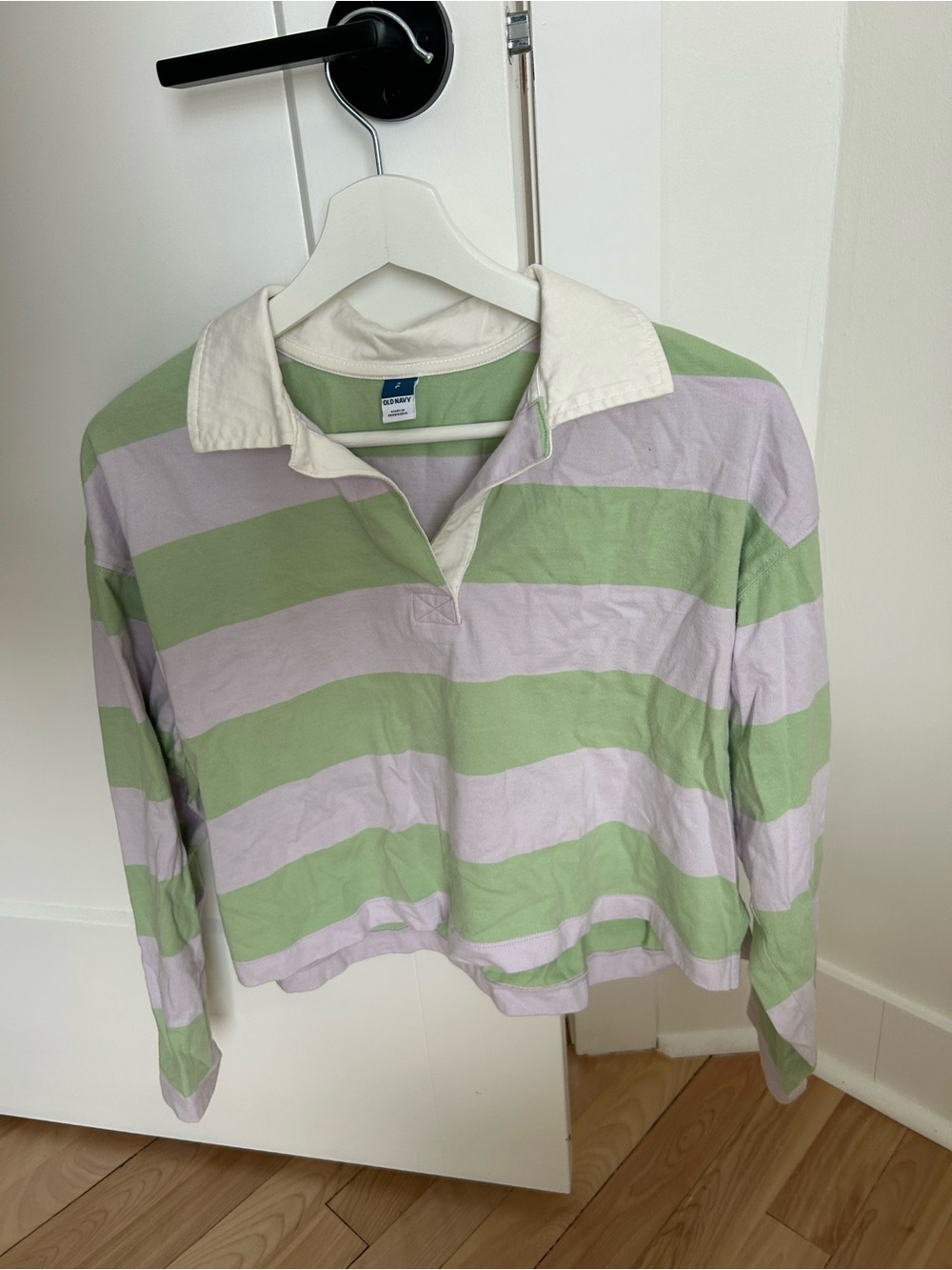 Old Navy Cropped Polo Top - Green and Lavender Stripes